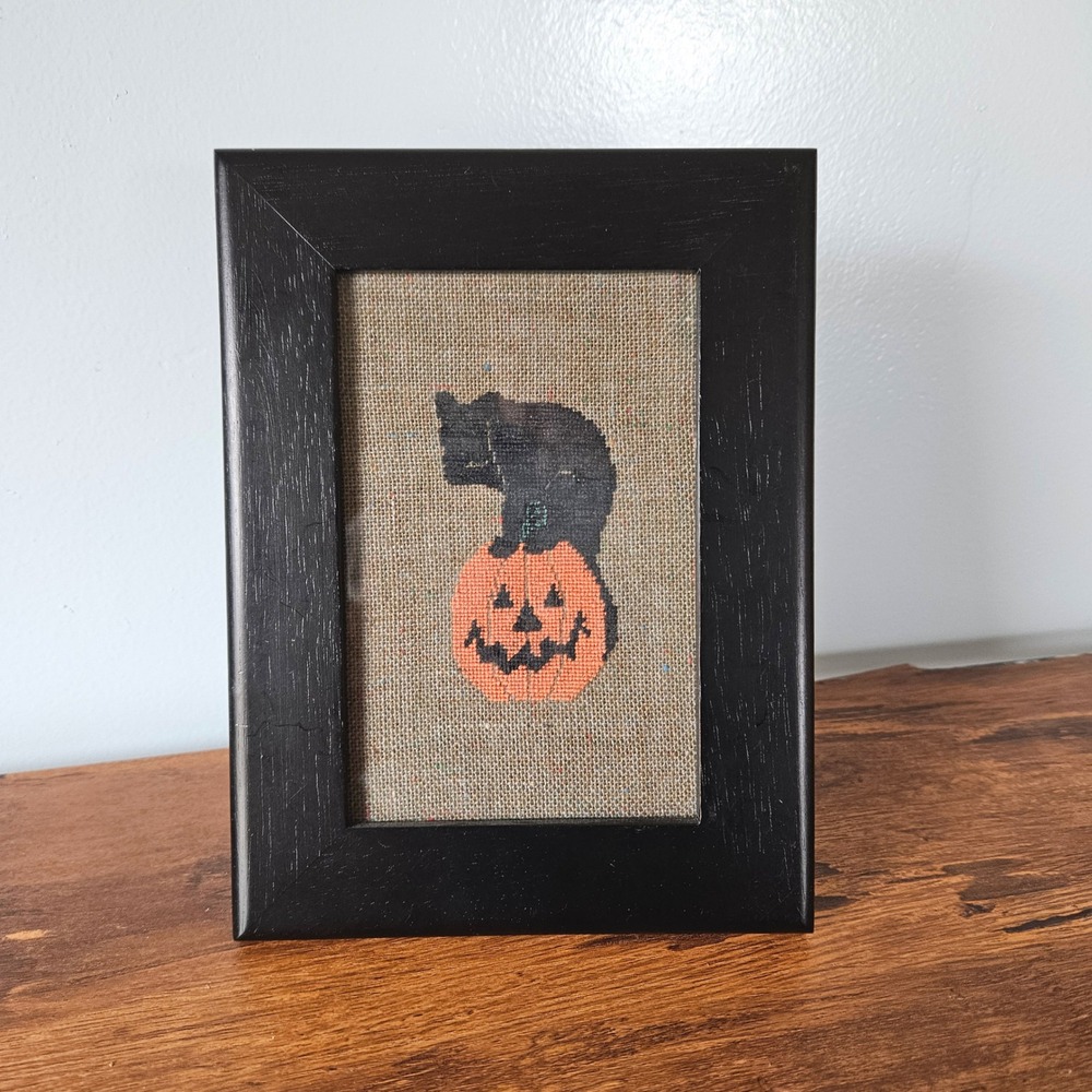 Handmade Halloween Cross Stitch Black Cat Pumpkin Framed Art Decor